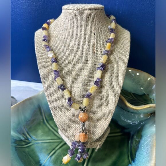 Hand Crafted Jewelry - Vintage Genuine Amethyst & Citrine Handmade Necklace Tassel Pendant 20”